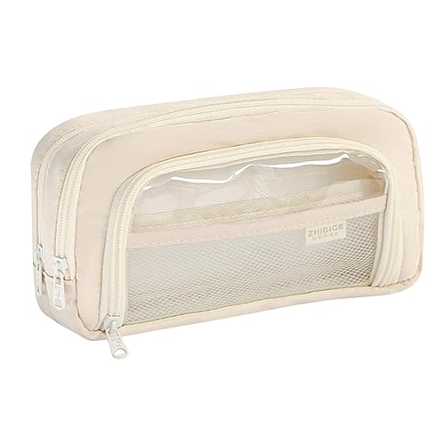 NZDFH Mäppchen Teenager Mädchen Federtaschen, Groß Schreibwarenbeutel, Federmäppchen Durchsichtig, Transparent Federmappen Damen, Stiftetasche Pencil Case Schulsachen Schlamppermäppche, Beige von NZDFH