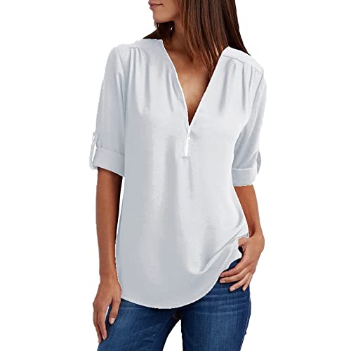 Blusen & Tuniken für Damen Chiffon Bluse Damen Elegant Einfarbig Langarmshirt V-Ausschnitt Tshirt mit 1/4 Zipper Sommer Oberteile Locker Shirt Leichte Pullover Große Größen Tunika Bequem Blusen von NZYIHAO