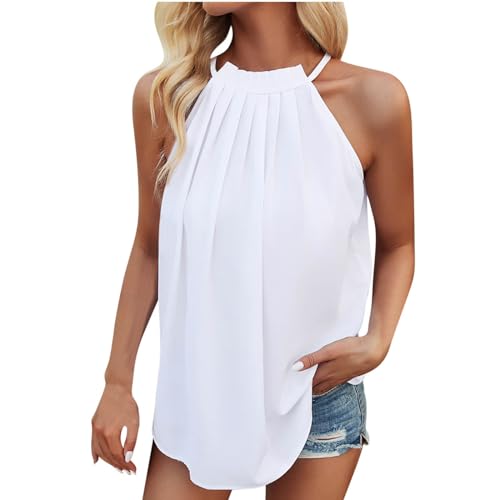 Gym Tank top Tank Top Damen Neckholder Trägertop Falten Tanktops Elegant Einfarbig Weste Sommer Shirt Ärmellos Tshirt Rundhals Tops Leicht Bluse Lose Oberteile Bequem T-Shirt Longtops Blusen von NZYIHAO