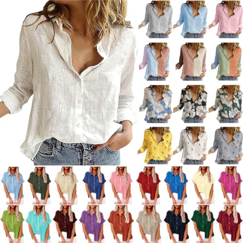 NZYIHAO blusen & Tuniken für Damen Leinenhemd Damen Elegant Einfarbig Bluse V-Ausschnitt Button Down Hemd Baumwolle Leinen Hemdbluse Sommer Tshirt Tops Leinenbluse mit Knöpfen Kurzarm/Langarm Blusen von NZYIHAO