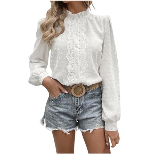 Pullover Damen Elegant Einfarbig Spitzenshirt Spitzen Oberteile Rüschen Rollkragen Langarmshirt Volant Ärmel Bluse mit Knöpfen Kurze Shirt Locker Pulli Frühling Sommer Tshirt Bequem Tops Damenpullover von NZYIHAO