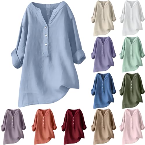 leinenbluse Damen Langarm Musselin Bluse Damen Elegant Einfarbig Tshirt V-Ausschnitt Leinenbluse mit Knöpfen Sommer Hemdbluse Baumwolle Leinen Shirts Oversize Oberteile Große Größen Blusen von NZYIHAO