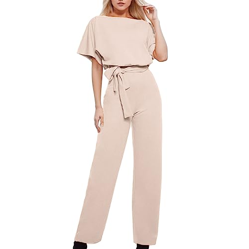 NaLatia Damen Elegant Jumpsuit Overall Hosenanzug Festlich Playsuit Romper mit Gürtel (01 Beige, S) von NaLatia