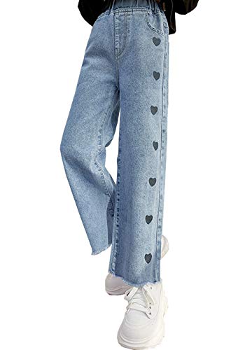 NABER Kinder Mädchen Casual Herz Muster Elastic Waist Wide Leg Denim Pants Straight Jeans Alter 4-13 Jahre, blau, 10-11 Jahre von Naber