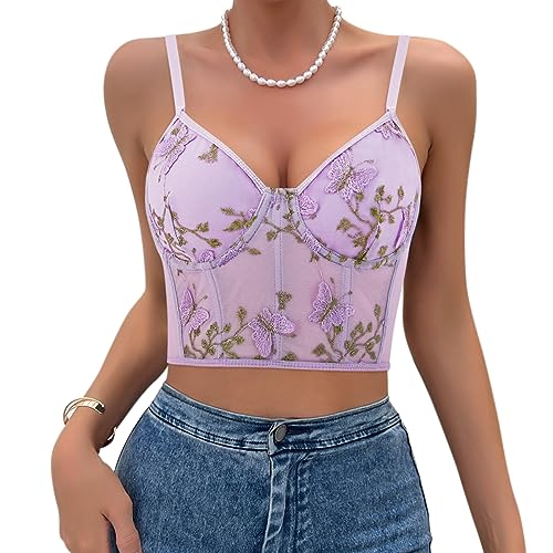 Naimo Damen Bestickte Blumen Korsett Bustier Sexy Crop Top Spaghettiträger Camisole Y2k Vintage Corsage BH Tank Tops von Naimo