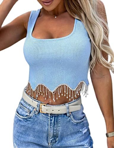 Naimo Damen Crop Top mit Strass Fransen Ärmellos Geripptes Tank Top Sexy Weste Slim Fit Cropped Oberteil von Naimo