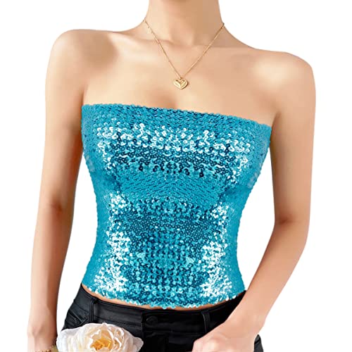 Naimo Damen Glitzer Pailletten Crop Top Ärmellos Schulterfreies Top Sexy Trägerlos Tube Top Bandeau Bustier Rave Oberteil von Naimo