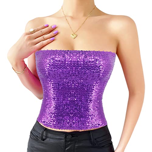 Naimo Damen Glitzer Pailletten Crop Top Ärmellos Schulterfreies Top Sexy Trägerlos Tube Top Bandeau Bustier Rave Oberteil von Naimo