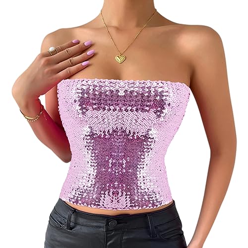 Naimo Damen Glitzer Pailletten Crop Top Ärmellos Schulterfreies Top Sexy Trägerlos Tube Top Bandeau Bustier Rave Oberteil von Naimo