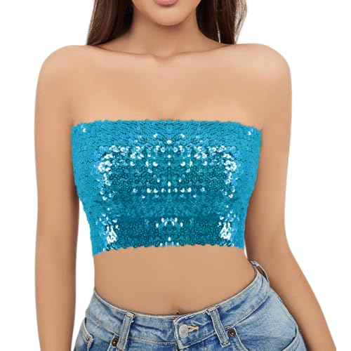 Naimo Damen Glitzer Pailletten Crop Top Schulterfreies Bandeau Tube Top Sparkle Trägerlos Tops Bluse Party Rave Oberteil von Naimo