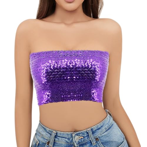 Naimo Damen Glitzer Pailletten Crop Top Schulterfreies Bandeau Tube Top Sparkle Trägerlos Tops Bluse Party Rave Oberteil von Naimo