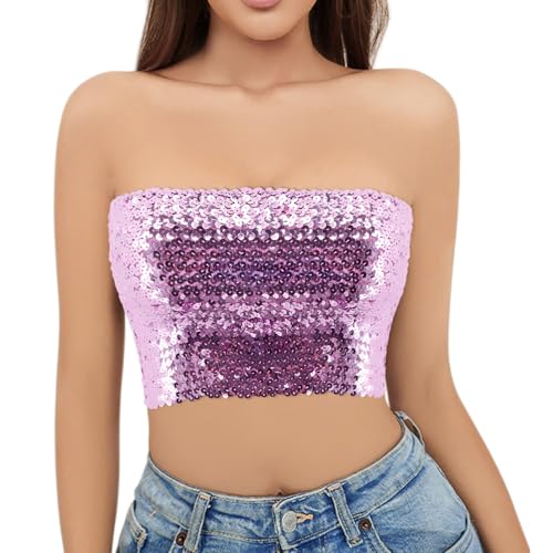 Naimo Damen Glitzer Pailletten Crop Top Schulterfreies Bandeau Tube Top Sparkle Trägerlos Tops Bluse Party Rave Oberteil von Naimo