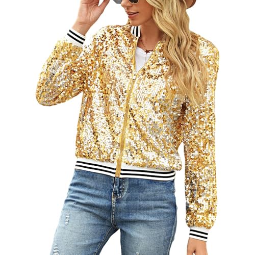 Naimo Damen Glitzer Pailletten Jacke Langarm Offen Reißverschluss Blazer Sparkle Party Festival Metallic Bomberjacke von Naimo