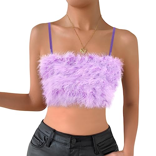 Naimo Damen Kunstpelz Crop Top Ärmellos Spaghettiträger Tank Tops Fuzzy Fluffy Bandeau Weste Cami Party Rave Outfits von Naimo