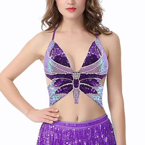 Naimo Damen Pailletten Schmetterling Crop Top Cami Sexy Neckholder Rückenfrei Tank Top Bauchtanz Kostüm Rave Party Outfits von Naimo