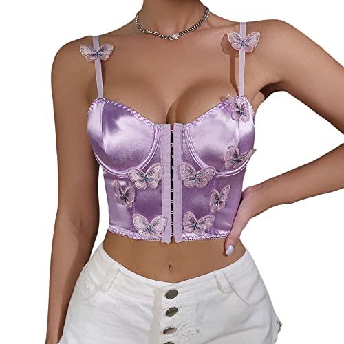 Naimo Damen Seide Satin Schmetterling Korsett Push Up Crop Top Bustier BH Spaghettiträger Cami Tank Weste Corsage Clubwear von Naimo