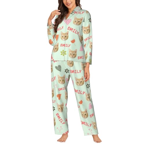 Naispanda Personalisierte Frauen Pyjama Set, Benutzerdefiniertes Damen-Pyjama-Set, Langarm-Pyjama-Set mit Fotogesicht/Text Frauen Nachtwäsche Sets für Frauen von Naispanda