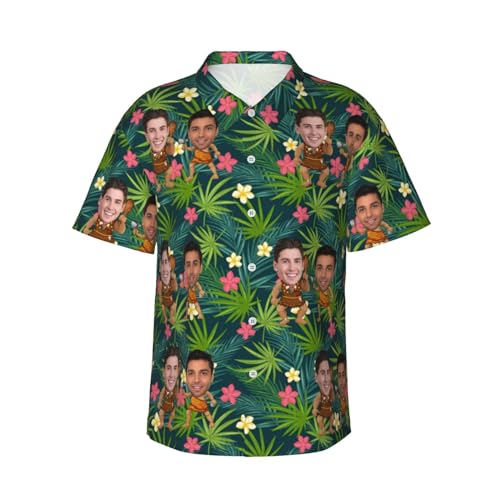 Naispanda Personalisierte Hawaiihemden mit Gesicht Foto Personalisierte Casual Button Down Kurzarm-Strandhemden Personalisierte Tropische Blumen und Palmblätter Hemd für Männer Ehemann Freund Papa von Naispanda