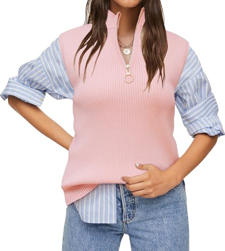 Namatime Damen Rollkragen Top Ärmelloser Rollkragenpullover Basic Strickpulli mit Reißverschluss Stehkragen Tank Top Elegant Rippstrick Pulli, Rosa, L von Namatime