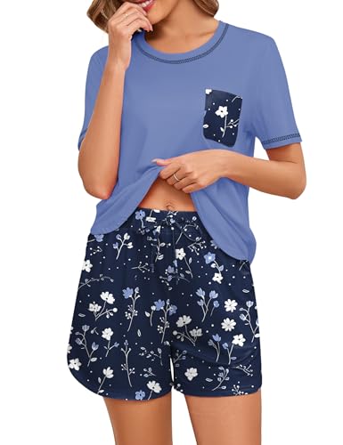 Namatime Schlafanzug Damen Kurz Shorty Pyjama Baumwolle Sleepwear Sommer Nachtwäsch Rundhals Shirt und Pyjamahose mit Elastischer Bund Blau Floral M Namatime Schlafanzug Damen Kurz Shorty Pyjama Baumwolle Sleepwear Sommer Nachtwäsch Rundhals Shirt und Pyjamahose mit Elastischer Bund Blau Floral M von Namatime