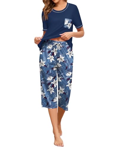 Namatime Schlafanzug Damen Zweiteiliger Pyjama Sommer Kurzarm Hemd und Pyjamahose Nachtwäsche Shorty Pjs Sets mit Taschen Marineblau Floral XL Namatime Schlafanzug Damen Zweiteiliger Pyjama Sommer Kurzarm Hemd und Pyjamahose Nachtwäsche Shorty Pjs Sets mit Taschen Marineblau Floral XL von Namatime