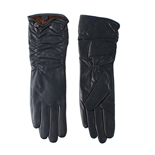 Nappaglo Damen Italienisches Lammfell Leder Handschuhe Winter Warm Langes Fleecefutter Handschuhe (M (Umfang der Handfläche:17.8-19.0cm), Dunkelmarineblau(Touchscreen)) von Nappaglo