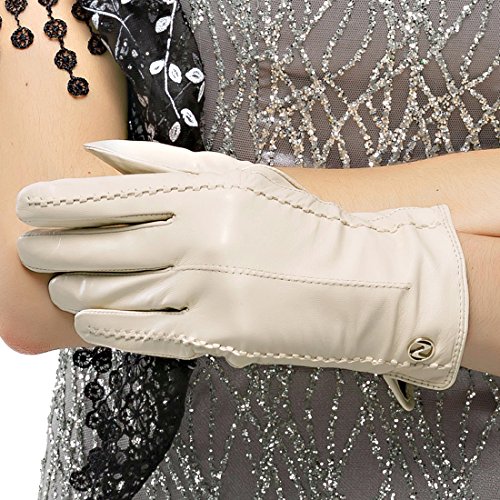 Nappaglo Damen klassische Handschuhe aus echtem Nappaleder Reines Kaschmir-Futter Winter Warm Handschuhe (S (Umfang der Handfläche:16.5-17.8cm), Cremig weiß(Non-Touchscreen)) von Nappaglo