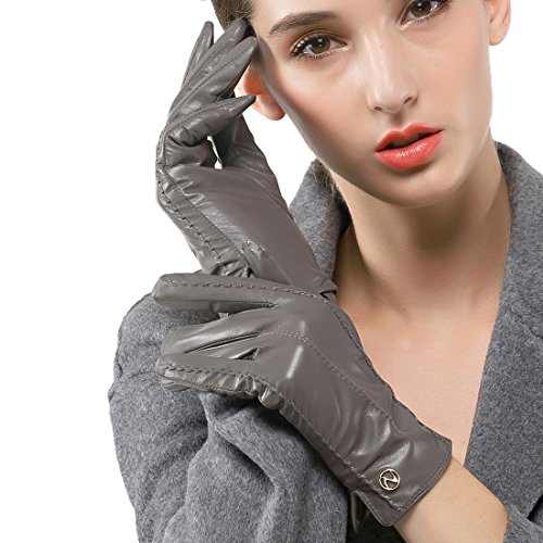 Nappaglo Damen klassische Handschuhe aus echtem Nappaleder Reines Kaschmir-Futter Winter Warm Handschuhe (XL (Umfang der Handfläche:20.3-21.6cm), Grau(Non-Touchscreen)) von Nappaglo