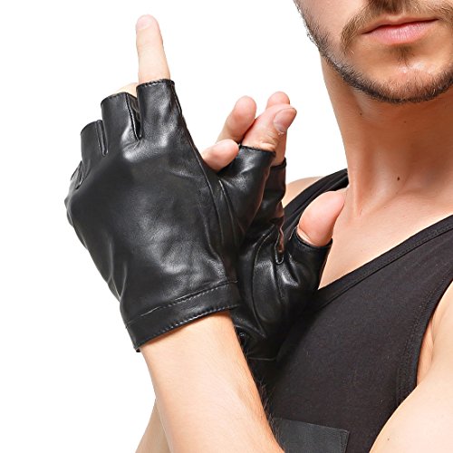 Nappaglo Herren Fingerlose Lederhandschuhe Lammfell Weiches Seidenfutter Halbfinger für fahren Radfahren Outdoor Handschuhe, Schwarz, XL von Nappaglo