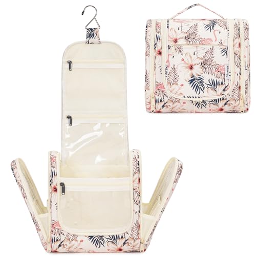 Narwey Kulturbeutel Damen & Kulturbeutel Herren Kulturtasche Zum Aufhängen Männer Kosmetiktasche Waschtasche für Frauen & Mädchen (Beige Flamingo) von Narwey