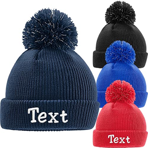 Nashville print factory Junior Reflective Bobble Beanie Bestickt mit Name/Wunschtext (French Navy) von Nashville print factory