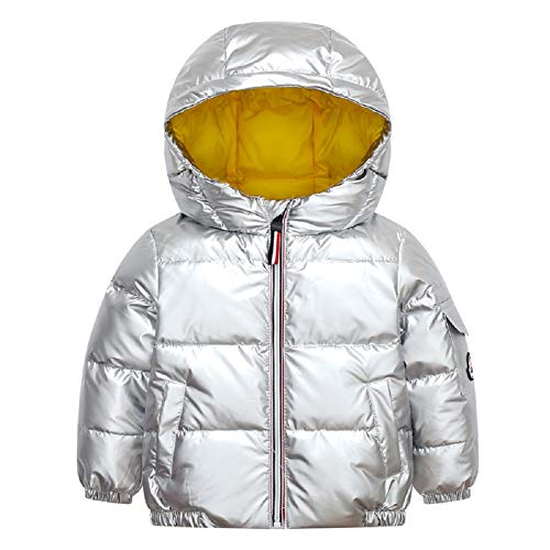 Natashas Kinder Junge Mädchen Daunenjacken Wasserabweisend Warmer Daunenmantel Fashion Bread Daun Helle Leder Kälteschutz Jacke Verdickte WinterMantel Mit Kapuze (Silber, 122/128) von Natashas