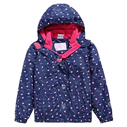 Natashas Kinder Mädchen Wasserdicht Jacke Gefütterte Regenjacke Übergangsjacke Wasserdicht Herz Druck Winddicht Atmungsaktiv Softshelljacke mit Kapuze (122/128) von Natashas