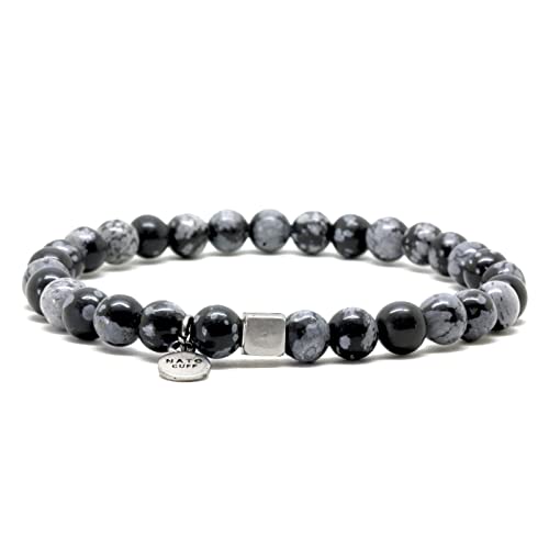 Nato Cuff - 925 Sterling Silber Armband - Obsidian-Schneeflocke Perlen Halbedelsteine ​- Herren und Damen schmuck Handgefertigt in Frankreich (Large 19cm) von Nato Cuff