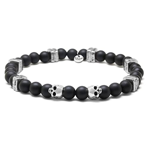 Nato Cuff - 925 Sterling Silber Totenkopf Skull Armband - Onyx Perlen Halbedelsteine ​​- Griechische Keramikperlen- Herren und Damen schmuck Handgefertigt in Frankreich (Small 15cm) von Nato Cuff