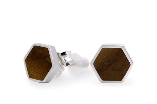 NaturSchatulle Holzschmuck Set Ohrringe Halskette Hexagon 7mm Damen Holzohrringe 925 Silber Nussbaum Holz Ohrstecker Schmuck (Ohrringe) von NaturSchatulle