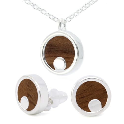 NaturSchatulle Holzschmuck Set Ohrringe Halskette Moonshine 9mm Damen Holzohrringe 925 Silber Rosegold Nussbaum Holz Ohrstecker Schmuck (Set Silber) von NaturSchatulle