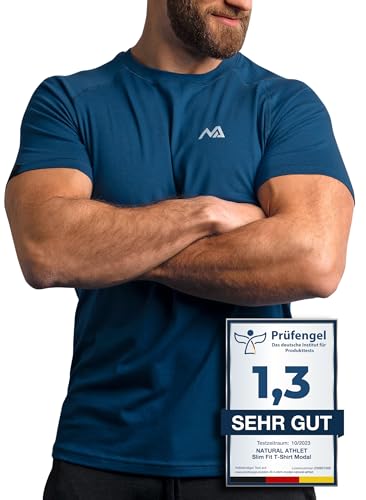 Natural Athlet Slim-Fit Fitness Tshirt für Herren – Enges & langes atmungsaktives Männer Kurzarm T-Shirt – für Sport, Gym, Fitnessstudio, Workout, Bodybuilding und Krafttraining – Blau von Natural Athlet