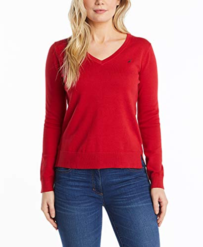 Nautica Damen Effortless J-Klasse Langarm 100% Baumwolle mit V-Ausschnitt Pullover, Nautisches Rot, Mittel von Nautica