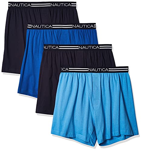 Nautica Herren Classic Cotton Loose Knit Boxer Boxershorts, Peacoat/Aero Blue/Sea Cobalt 4 Stück, Medium von Nautica