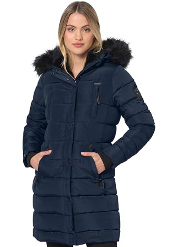 Navahoo Winterjacke Damen - Wasserabweisend, Warm, Kapuze, Winddicht - Wintermantel Lang, Mantel Frauen, Teddyfell gefüttert - Stehkragen, 7 Taschen, verlängerter Zipper - Navy M von Navahoo