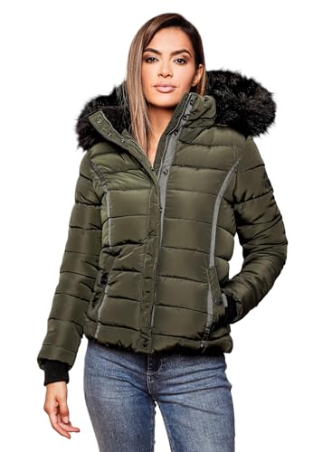 Navahoo Damen Winter Steppjacke Jacke mit abnehmbarem Fellkragen B355 [B355-Miamor-Olive-Gr.XL] von Navahoo