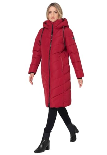 Navahoo Damen Winterjacke lang Stepp Winter Jacke gesteppt Kapuze B982 [B982-Sahnekatz-Dark-Red-Gr.M] von Navahoo