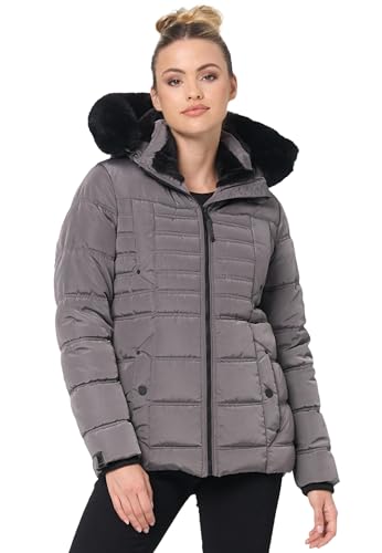 Navahoo Winterjacke Damen - Wasserabweisend, Warm, Kapuze abnehmbar, Winddicht - Steppjacke Damen Frauen, Teddyfell gefüttert - Stehkragen, 5 Taschen, verlängerter Zipper - Grau S von Navahoo