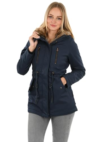 Navahoo warme Damen Winter Jacke lang Teddyfell Winterjacke Parka Mantel B648 [B648-Diamond-Navy-Gr.L] von Navahoo