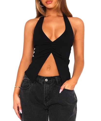 Navneet Neckholder Top Damen Sexy Tank Tops Gerippt Bauchfreies Oberteil mit Schlitz Ärmellos Babydoll Sommertops Schwarz M Navneet Neckholder Top Damen Sexy Tank Tops Gerippt Bauchfreies Oberteil mit Schlitz Ärmellos Babydoll Sommertops Schwarz M von Navneet