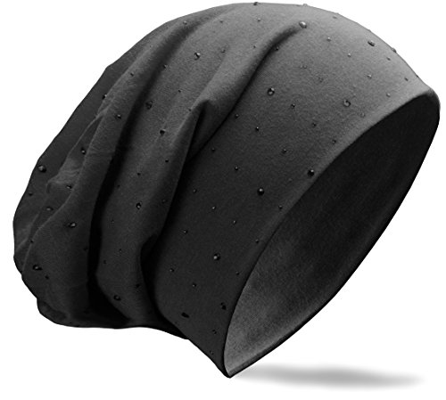 NavyBlu® Klassische Slouch lang Beanie Mütze mit ton in ton Strass Nieten Applikation schwarz M61-2 von NavyBlu