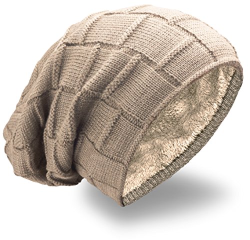 NavyBlu® Unisex langes Slouch Beanie in Grobstrick Mütze mit Teddyfleece Innenfutter beige M32 von NavyBlu