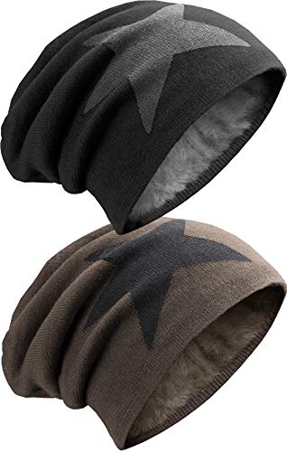 NavyBlu® Unisex langes Slouch Beanie Mütze in Feinstrick mit Teddyfleece Innenfutter Stern SetB M2 von NavyBlu