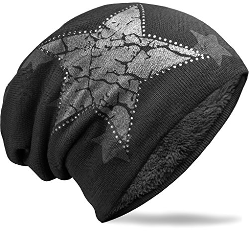 NavyBlu® warmes Unisex Beanie Mütze mit Fleece Innenfutter und Vintage Stern schwarz M27 von NavyBlu